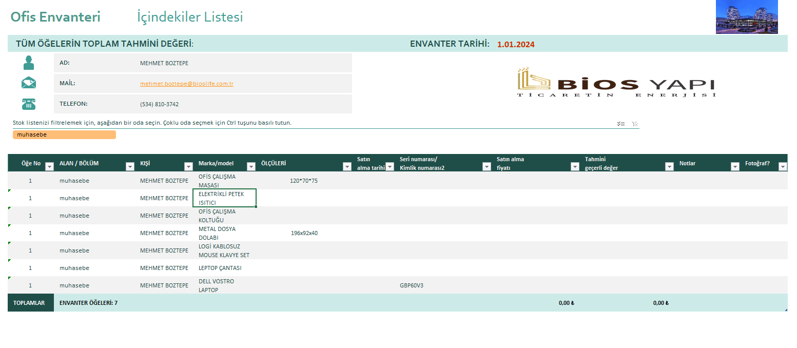 ENVANTER & DEMİRBAŞ TAKİP EXCELİ