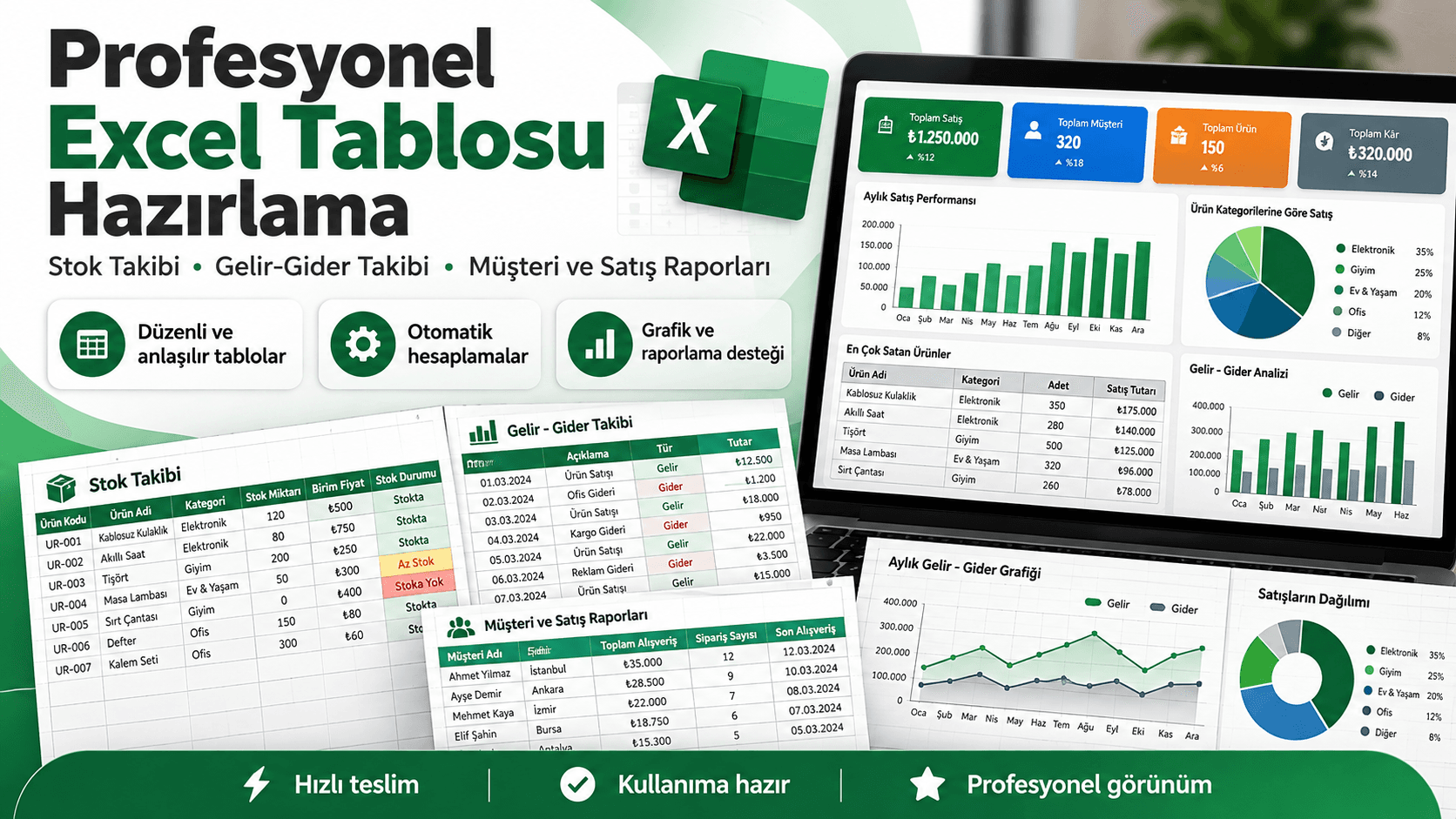 Profesyonel Excel Tablosu, Gelir-Gider ve Stok Takibi Hazırlarım